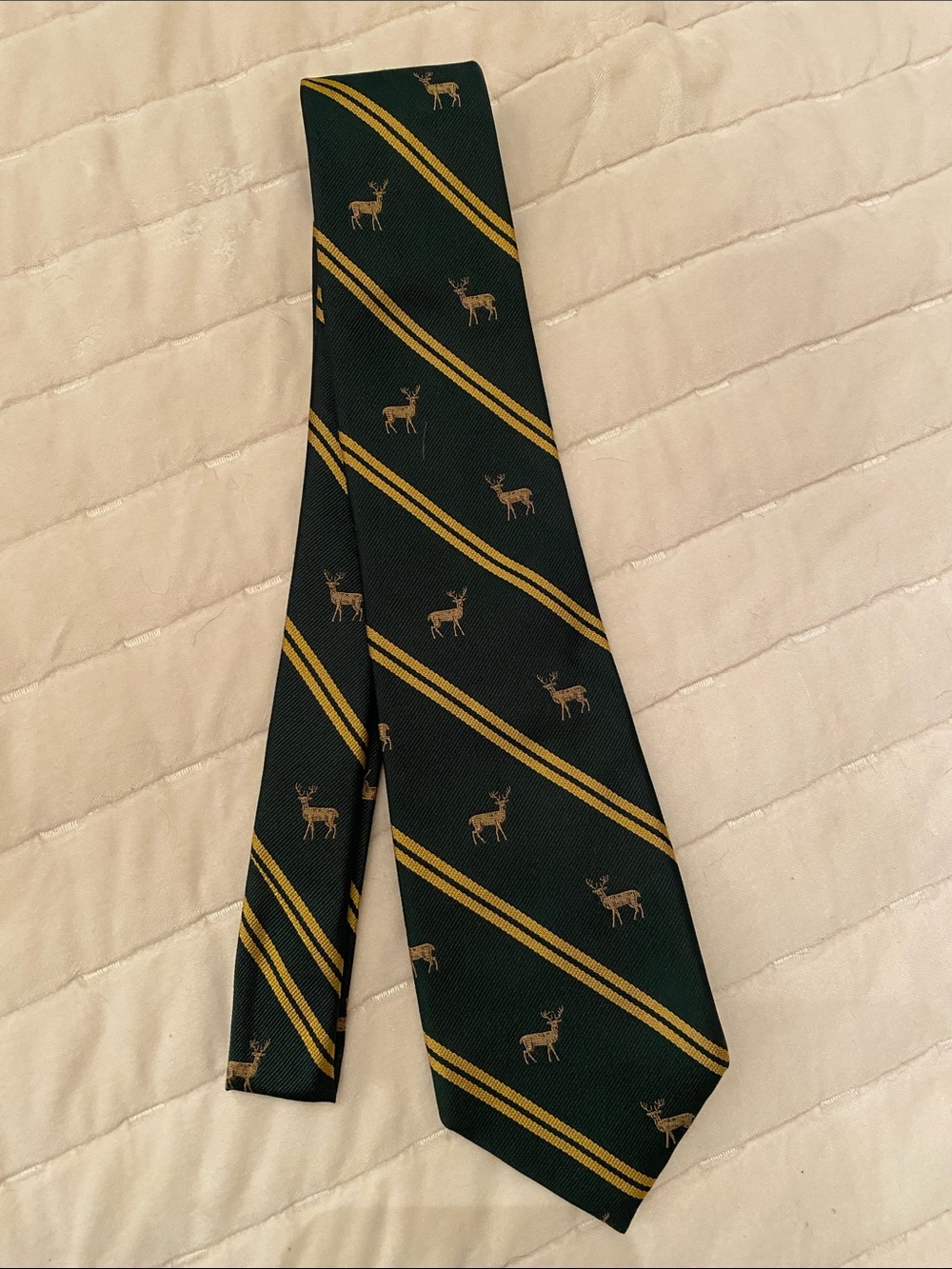 Vintage Land’s End 100% Silk Hand-Printed  Green and Gold Striped Deer Necktie